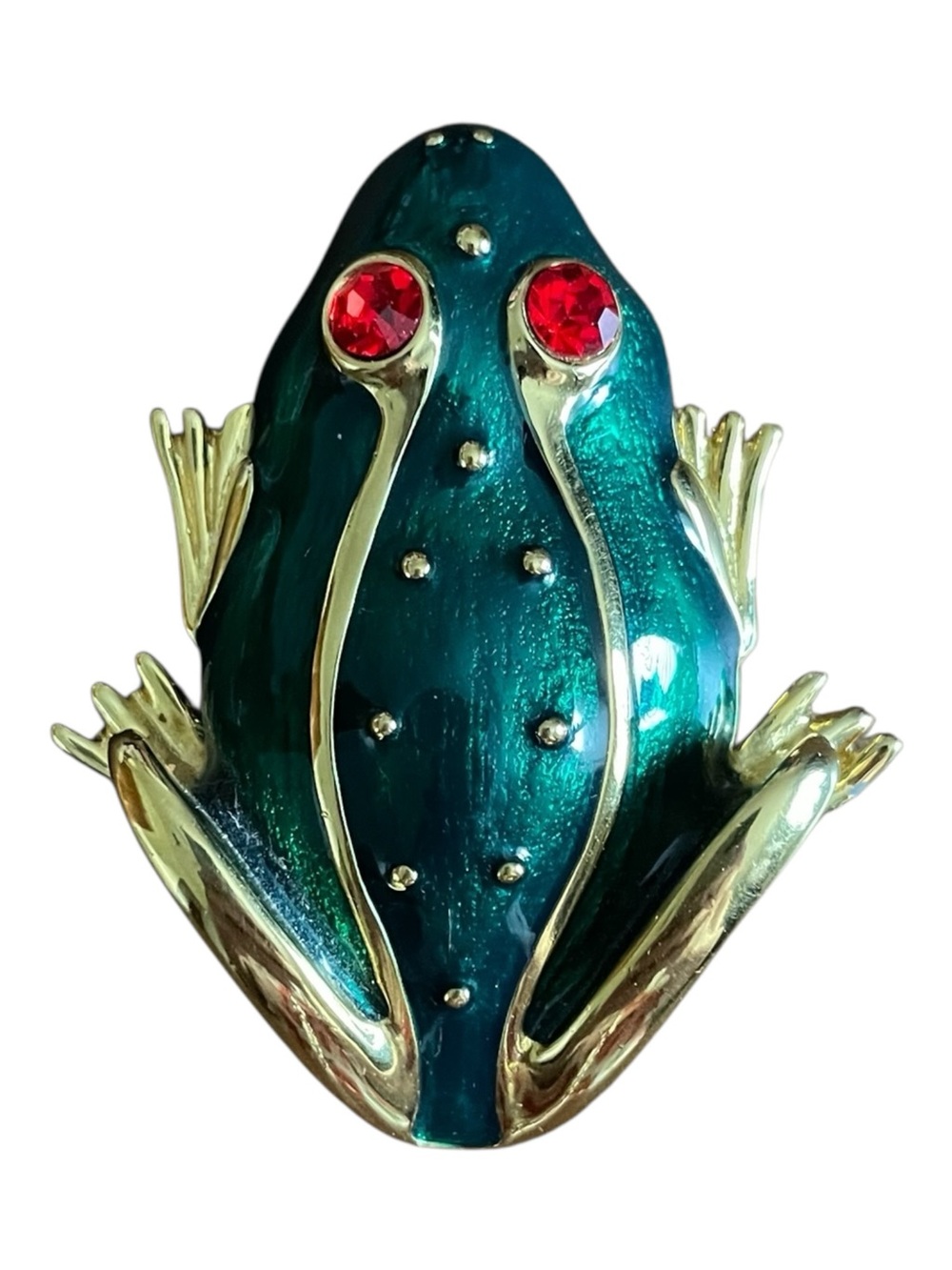 Vintage Trifari Green Enameled Large Gold Frog Brooch Red Rhinestone Eyes - Picture 2 of 4